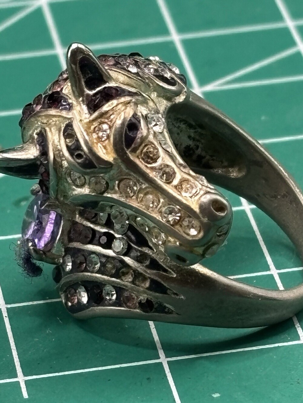 Vintage Unicorn Silver Tone Purple Clear Rhinestone Ring Size 8